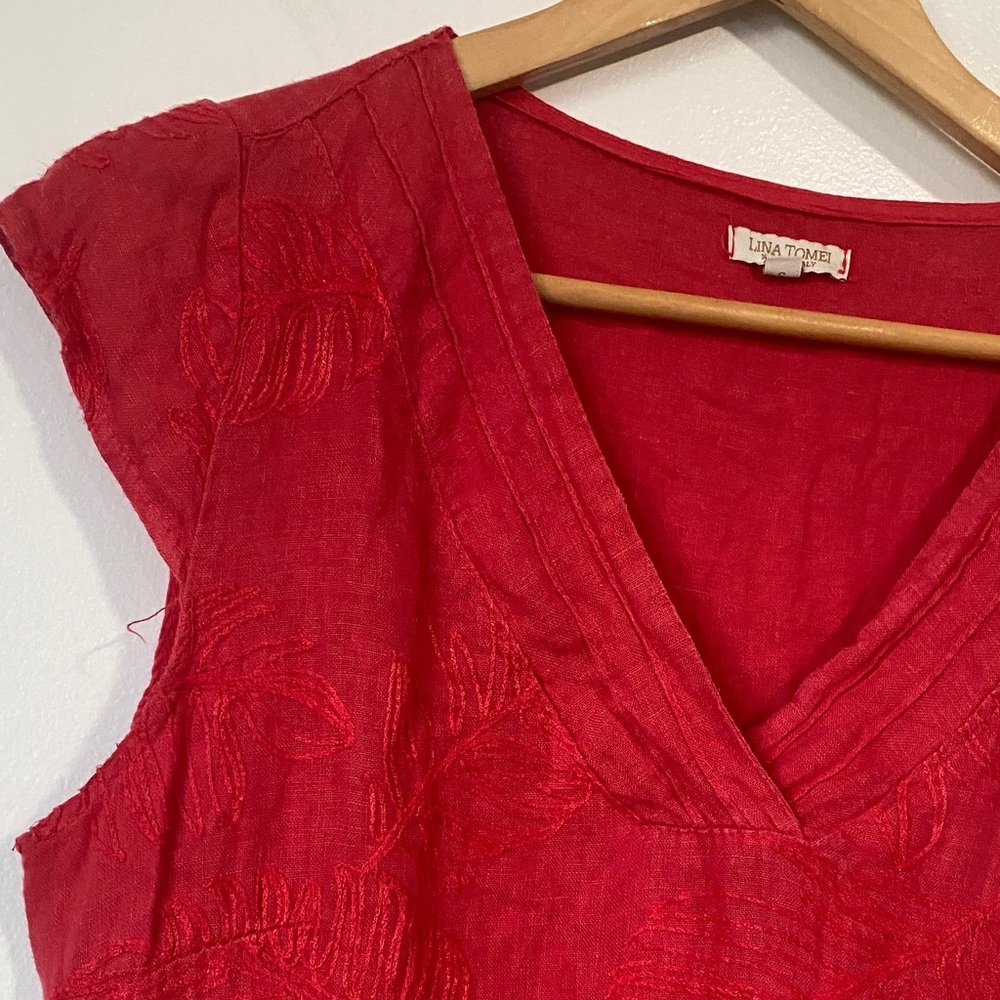 Lina Tomei Red linen embroidered floral sleeveless dress size Small - Picture 3 of 14